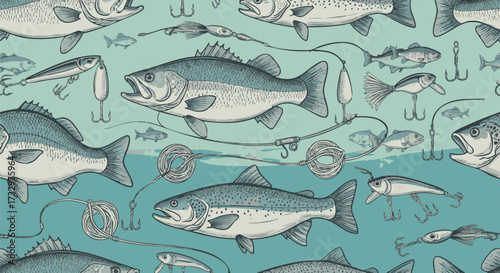 Seamless vintage-style pattern featuring detailed illustrations of various fish species like bass and trout, intertwined with fishing lures and hooks on a mint background