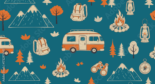 Camping seamless pattern with camper van, mountains, campfire, backpack, trees, compass and lanterns. Adventure and travel concept