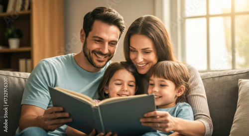 Happy Family Portrait Father Mother Child at Home with Professional Lighting