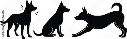 Three dog silhouettes depict barking, sitting, and stretching poses against a white background.