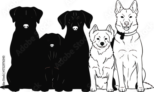 A line drawing of five different dog breeds sitting together, looking forward.
