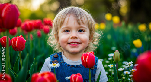 Wallpaper Mural  Little Child Enjoying Spring Flowers in Garden Torontodigital.ca