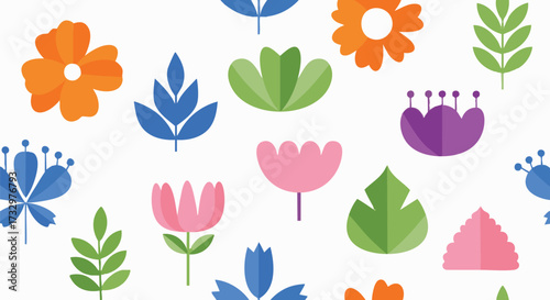 A vibrant and playful seamless pattern featuring a variety of colorful, abstract floral and leaf motifs against a clean white background
