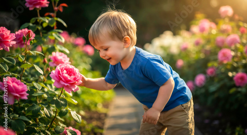 Little Child Exploring Flowers in Garden