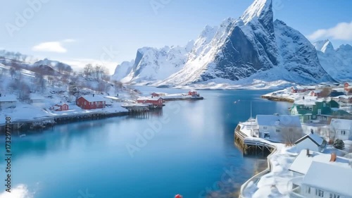 Snowy Fjord Village with Red Houses