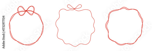 Set circle frames with ribbon and bows with wavy thin lines and space for text. Vintage set of decorative elements of round frames with bows. Cute borders for invitations and holidays 