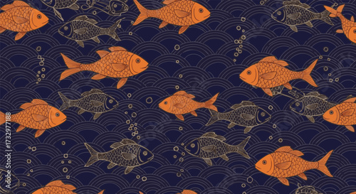 Seamless pattern of vibrant orange and grey fish in deep blue water with Japanese Seigaiha wave motifs and bubbles