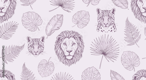 Seamless pattern with hand-drawn lion and leopard heads interspersed with various tropical jungle leaves in a soft lilac color palette