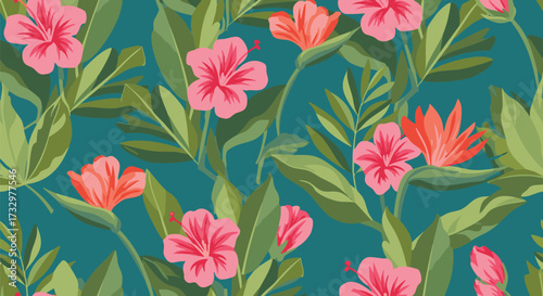 Vibrant seamless tropical pattern featuring lush green jungle leaves and bright pink hibiscus flowers on a teal background