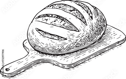 Vintage linocut etching of rustic artisan bread loaf resting on a wooden peel board for bakery branding and packaging design