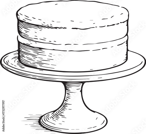 Black and white linocut etching of whole layered cake on pedestal stand for bakery illustration, celebration packaging and branding
