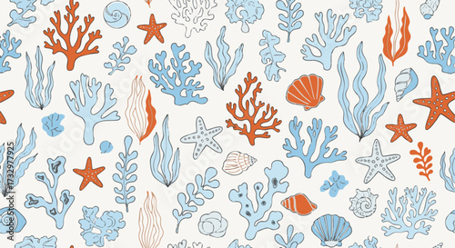 A charming seamless pattern featuring hand-drawn ocean elements like coral, starfish, seashells, and seaweed