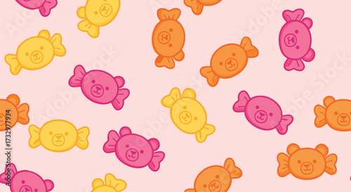 Cute seamless pattern featuring colorful wrapped candies with adorable teddy bear faces floating on a pink background