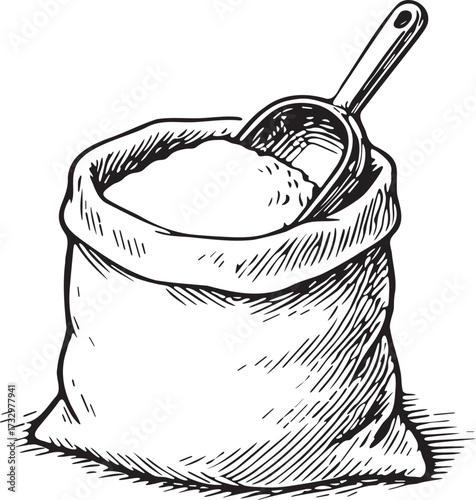 Linocut style etching of flour sack with metal scooper in black and white for bakery packaging, recipe illustration and culinary branding