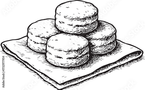 Linocut style etching of stacked biscuits on cloth napkin in black and white style for bakery branding, recipe artwork and packaging design
