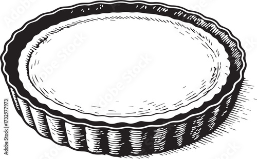 Vintage linocut etching of tart in scalloped edge pan in black and white style for bakery branding, dessert recipe artwork and packaging design