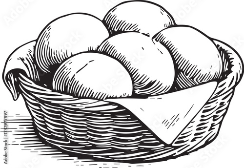 Black and white linocut etching of wicker basket filled with fresh bread rolls for bakery branding, recipe illustration and packaging design