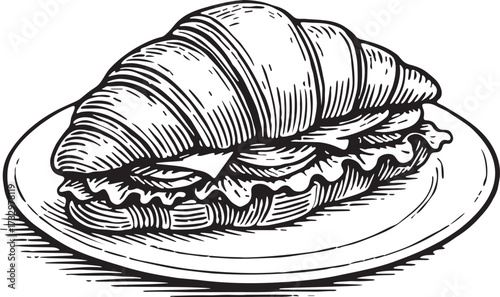 Linocut style etching of croissant sandwich with lettuce and filling on plate for bakery branding, menu design and packaging artwork