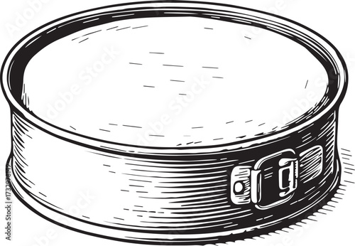 Vintage linocut etching of cheesecake in springform pan in black and white style for bakery packaging, dessert branding and recipe illustration