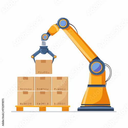 A robotic arm efficiently moves boxes on pallets in a warehouse setting. Demonstrates automation, logistics, and industrial processes. Clean, modern illustration.