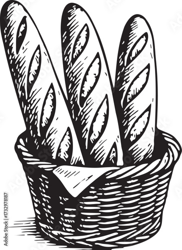 Detailed linocut etching of fragrant baguettes arranged in wicker basket with napkin for French bakery packaging, branding and illustration