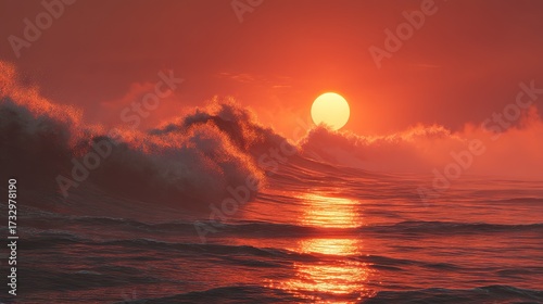 Massive ocean waves crashing under glowing sunset sky, capturing raw energy and drama, perfect for power, adventure, and nature-themed designs.
