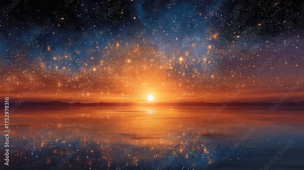 Fototapeta premium Magical transition scene where sunset sky blends with millions of glowing stars, dreamy and cosmic atmosphere ideal for fantasy, inspiration, and surreal artwork.