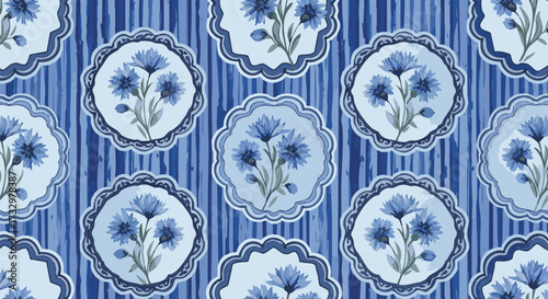 Seamless blue and white watercolor pattern with delicate cornflower medallions over a vibrant vertical striped background