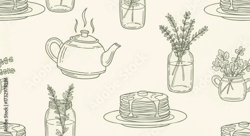 Seamless pattern with hand-drawn breakfast elements including pancakes, a teapot, and vases with plants