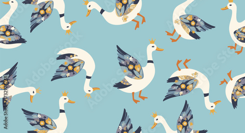 A whimsical pattern featuring cartoon geese. The geese are decorated with floral patterns, wearing crowns, and arranged on a teal background