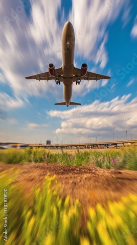 aerodynamics. An airplane taking off into a dramatic sky from an airport runway. mobility guides, transit brochures, designed for mobility and urban transit guides, clarifies navigation.