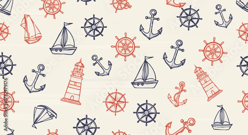 A charming seamless nautical pattern featuring hand-drawn anchors, ship wheels, lighthouses, and sailboats in classic red and blue