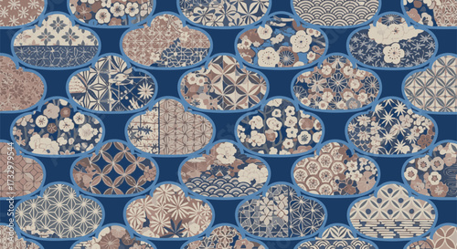 Seamless pattern featuring traditional Japanese cloud shapes filled with various intricate Wagara motifs against a deep royal blue background