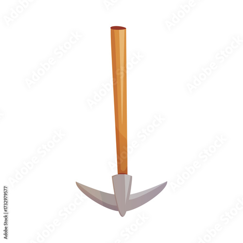 A simple cartoon illustration of a pickaxe with a wooden handle on a white background