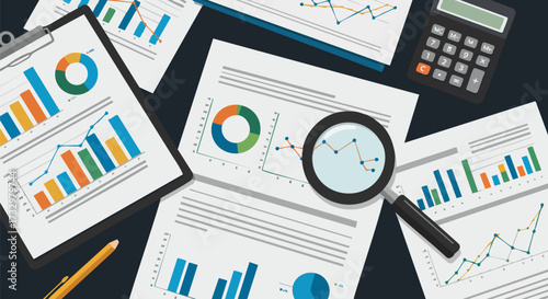 Business analysis with charts graphs and magnifying glass for data investigation