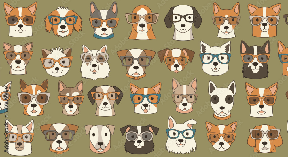 Obraz premium Seamless pattern of cartoon dog faces wearing glasses on a green background