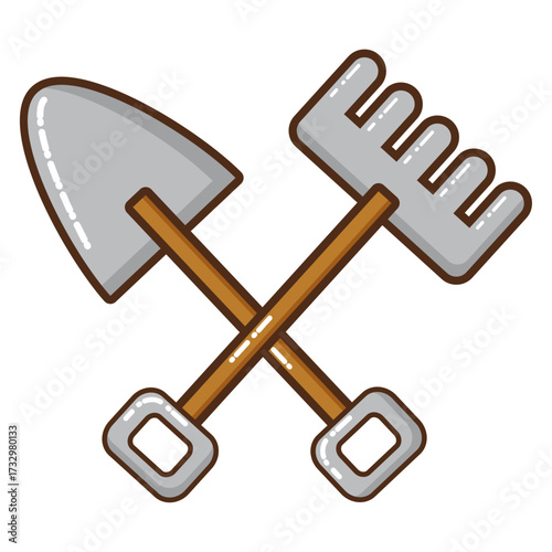 Garden Tools A Stylized Illustration of a Trowel and Rake Crossed, Representing Gardening and Cultivation