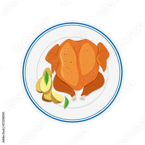 Deliciously Roasted Whole Chicken with Golden Potatoes and Fresh Herbs on a Plate