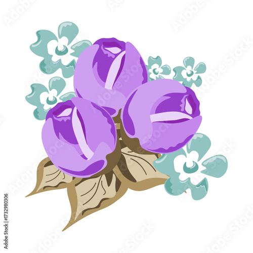 Three purple rose buds with light blue floral accents and brown leaves