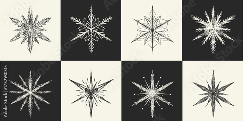 Chalk hand drawn grunge snowflakes set. Sketch crayon frosty crystals. Winter doodle pastel textured decoration, whimsical detailed snow ornament. Christmas, seasonal art. Vector illustration isolated