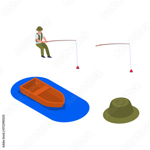 Fishing trip with boat, rod, and hat in isometric style on white background