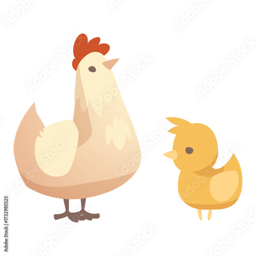 Adorable illustration of a mother hen and her chick, representing farm animals and natural upbringing