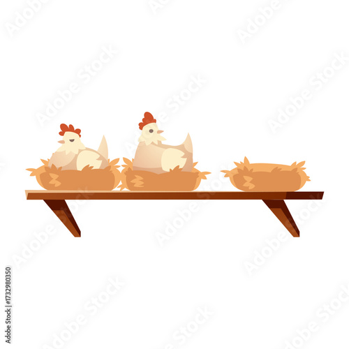 Three chickens resting in nests on a wooden shelf, a simple illustration of farm life