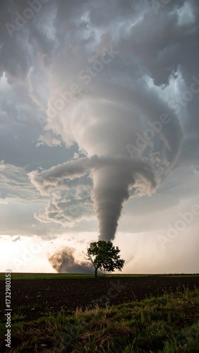 A powerful tornado descends upon a lonely tree