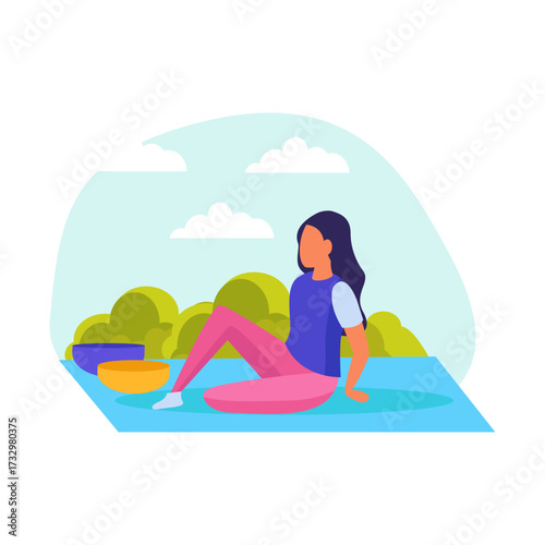 Woman practicing yoga on mat in park surrounded by trees and sky