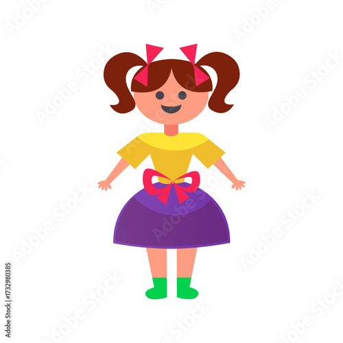 Cute girl with pigtails wearing a yellow shirt and purple skirt with a bow