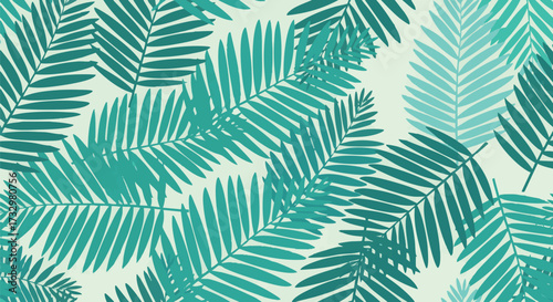 Vibrant illustration featuring a lush green palm leaf pattern. Tropical leaves arranged in a repeating design