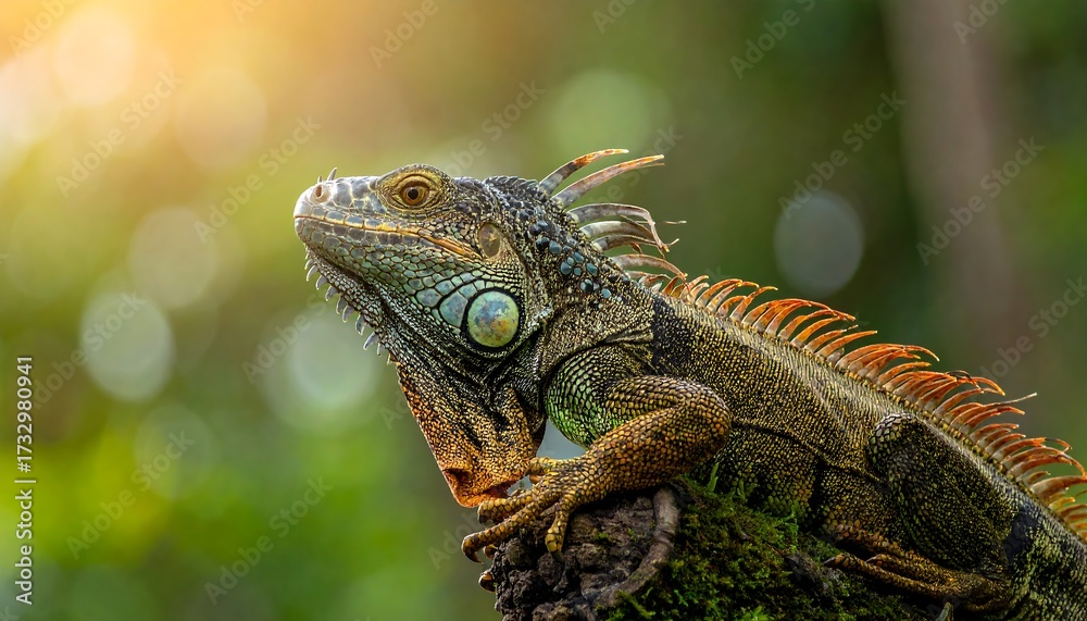 Fototapeta premium A vibrant, close-up shot captures an iguana perched on a branch, basking in sunlight with lush green foliage blurred in the background