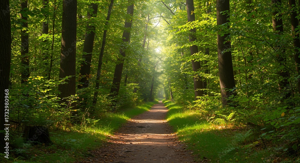 Obraz premium Path through a lush forest with sunlight filtering through trees