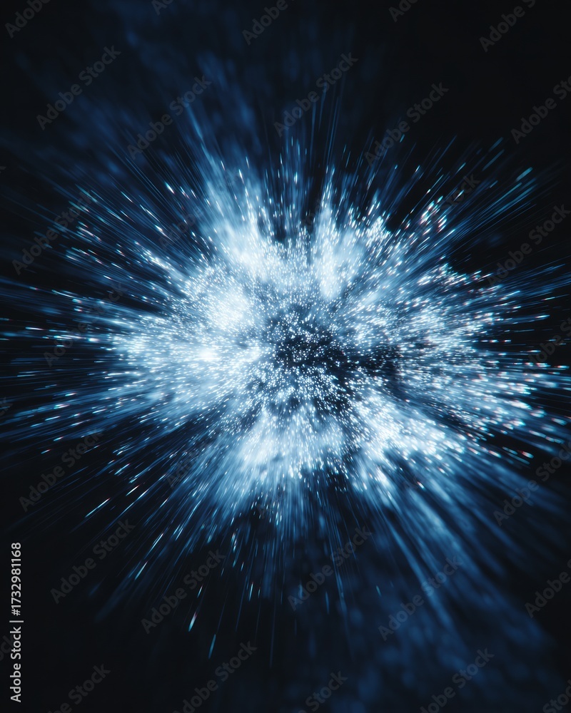 Fototapeta premium White blue energy explosion with glowing particles and light streaks on dark cosmic background